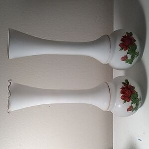 Vintage milk glass transferware bud flower vase set